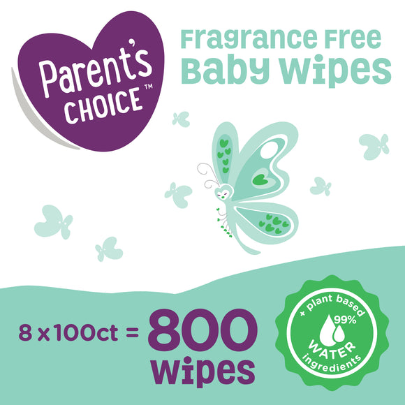 Parent's Choice Fragrance Free Baby Wipes, 8 Flip-Top Packs (800 Count)