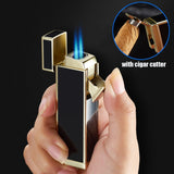 Double Blue Flame Gas Lighter with Cigar Cutter Spray Gun Torch Lighter Adjustable Windproof Cigarette Lighter for Men Gift