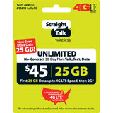 Straight Talk $45 Unlimited 30 Day Plan (with 25GB of data at high speeds, then 2G*) (Email Delivery)